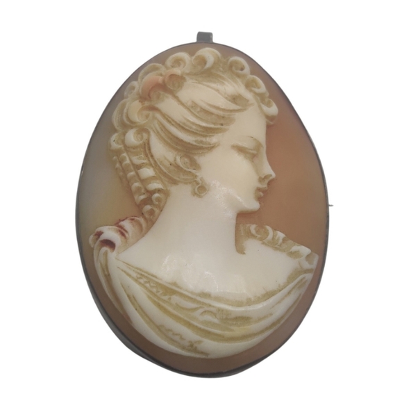 Antique Hand Carved Genuine Shell Cameo Pendant/ Brooch Silver 800 - Picture 4 of 14